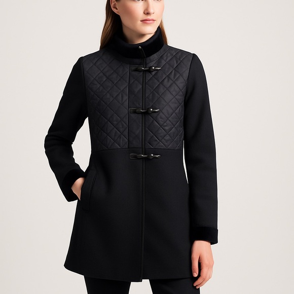 Fay Italy Black Quilted Toggle Wool Blend Coat with Velvet Trim - Picture 1 of 9